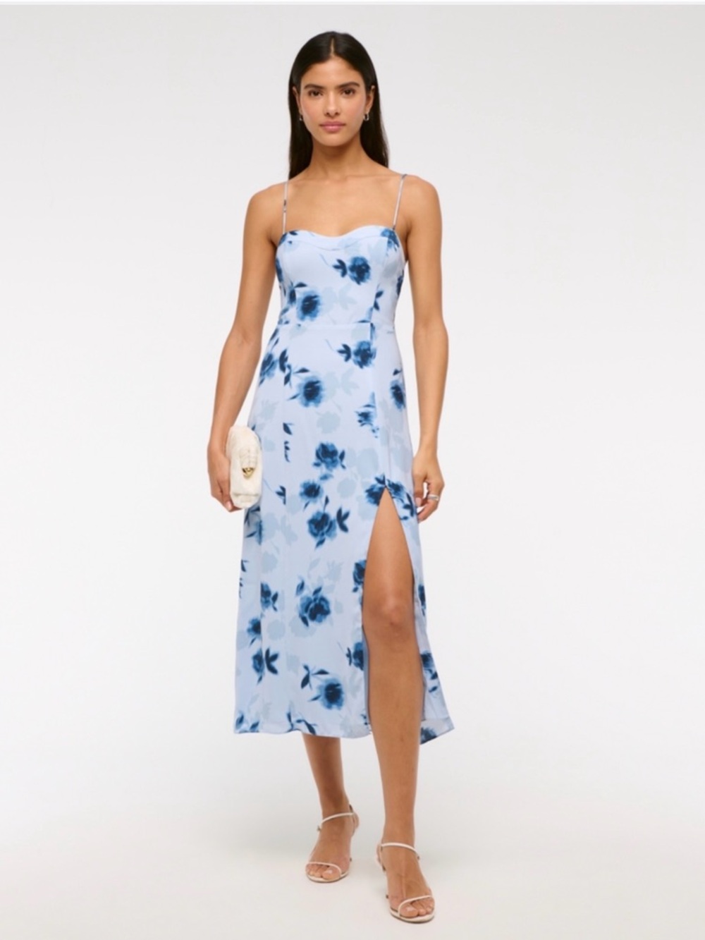 Abercrombie & Fitch Light Blue Floral Slip Midi Dress with Navy Accents